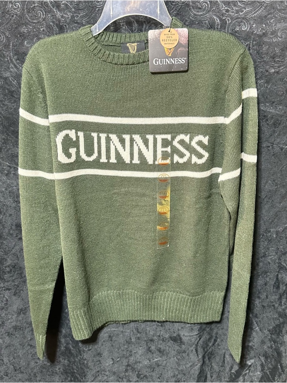 NWT Guinness Green Crewneck Unisex S Sweater White Stripes LS